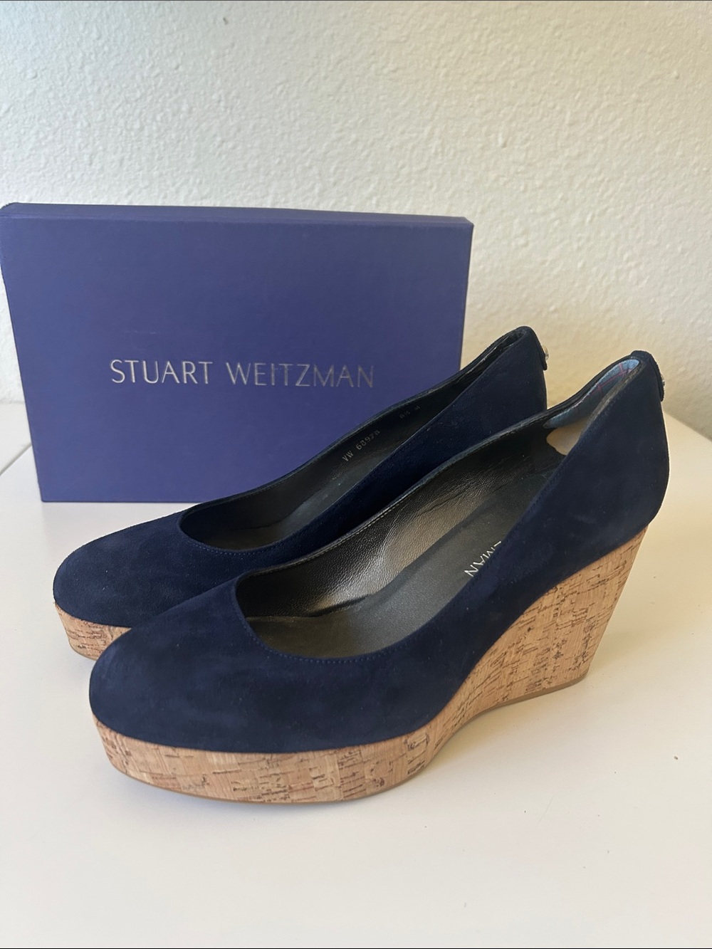 Stuart Weitzman Navy Suede Cork Wedge Pumps